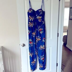 Band of Gypsies Blue Floral Pants Romper Bustier Top Smocked Back